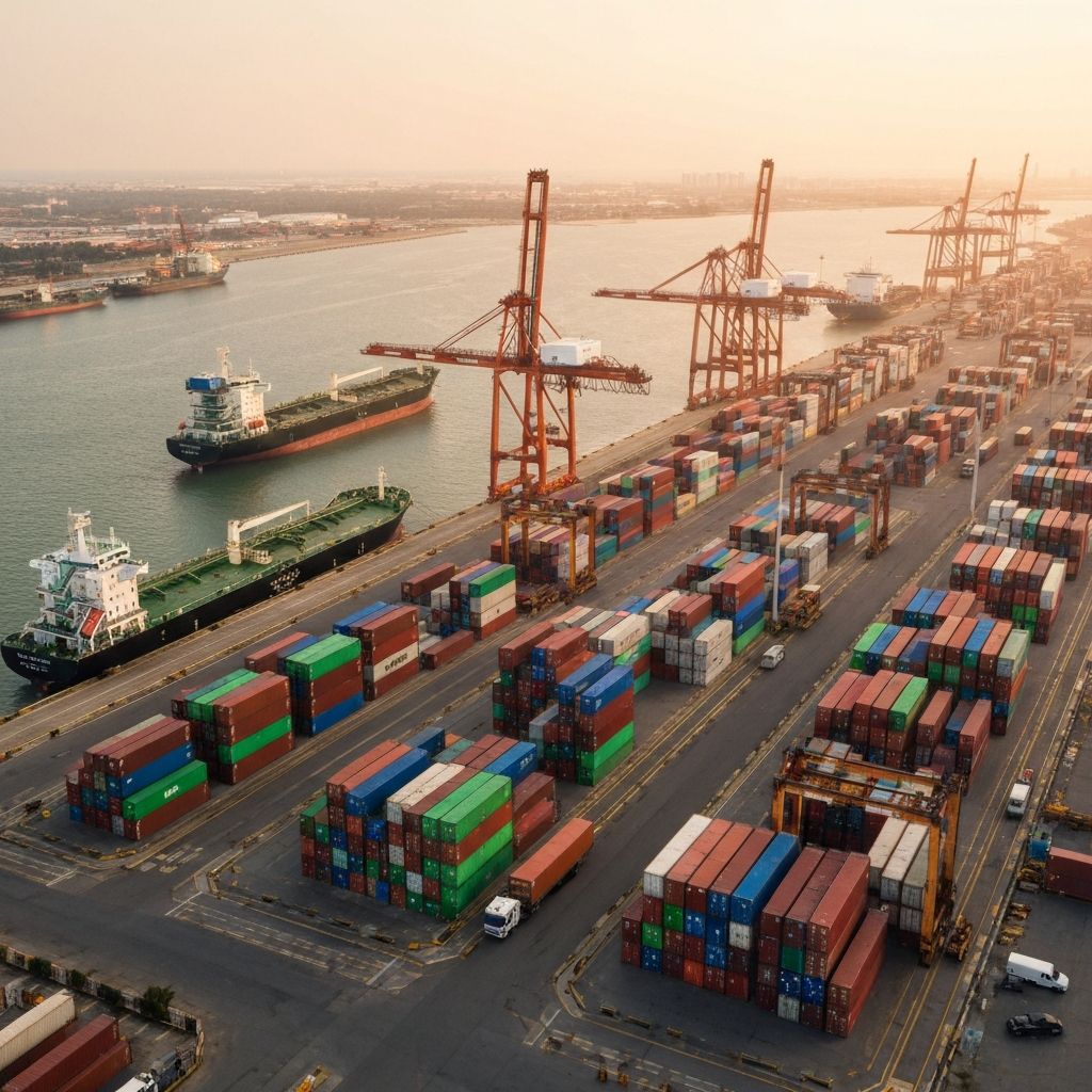 Cargo port with shipping containers and oil tankers